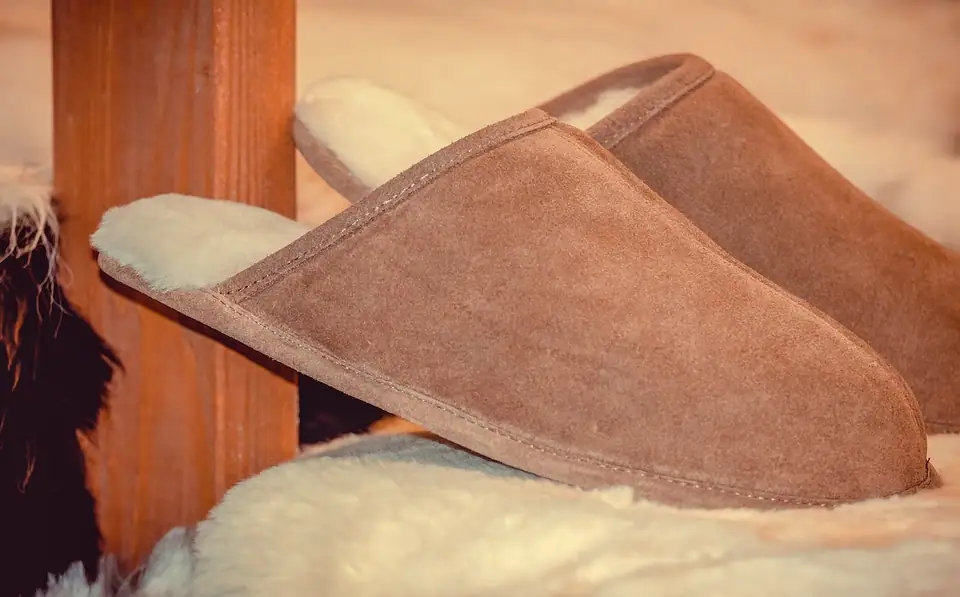 A brown suede sheepskin scuff slipper with thick cream wool lining